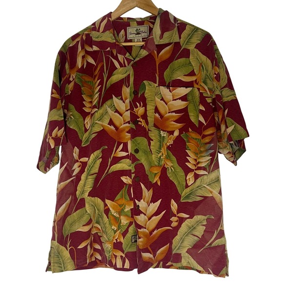 Seven Palm Brand Other - Vintage 100% SILK Mens Hawaiian Shirt Maroon Tropical Floral M Resort 90s
